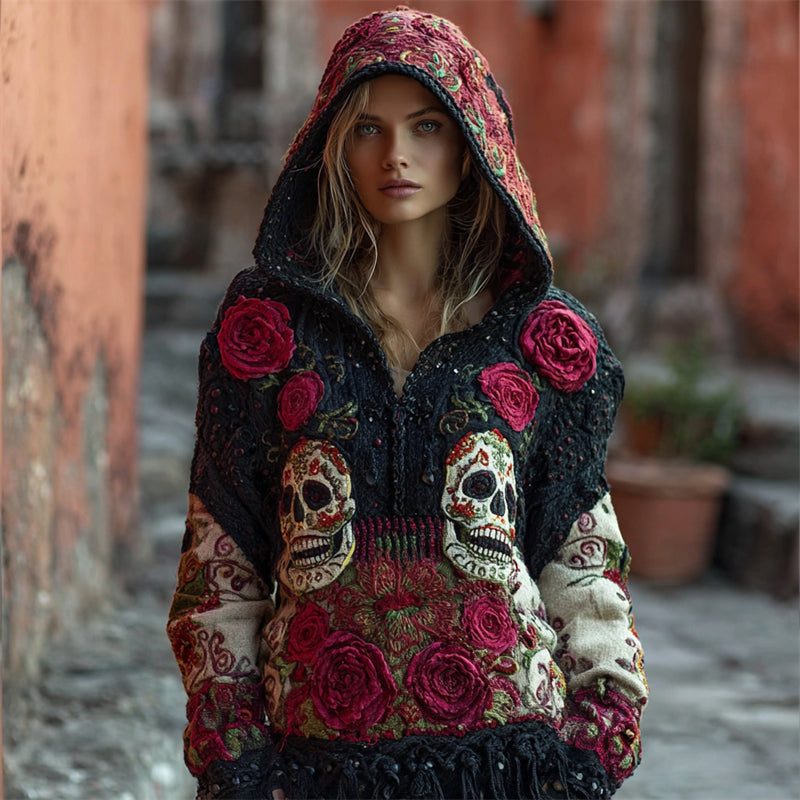 Day Of The Dead Sugar Skulls Roses Cozy Knit Hooded Sweater elevenforest
