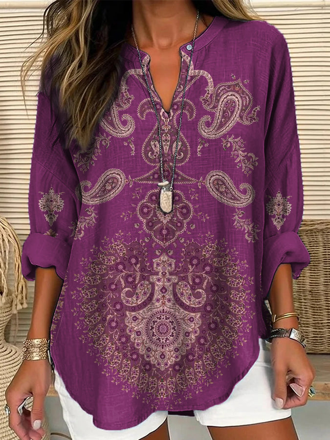Ethnic Bohemian Floral Women's Casual Linen Blend Shirt elevenforest