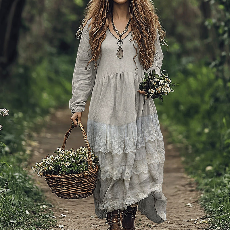Women's Vintage Floral Lace Art Linen Blend Maxi Dress elevenforest