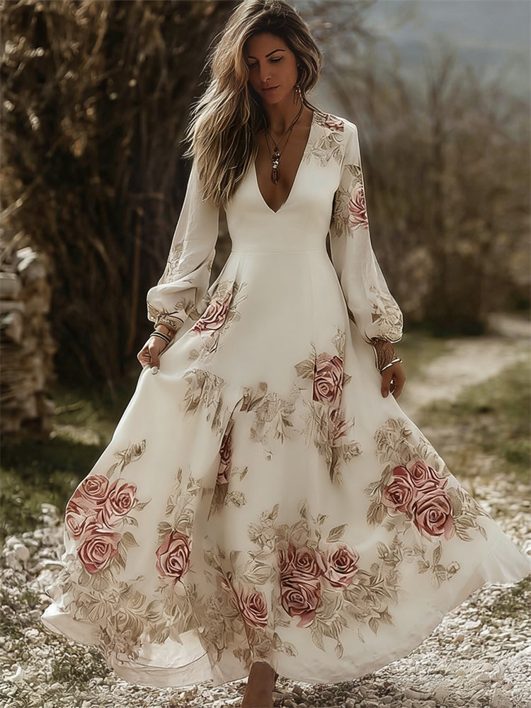 Vintage Cottagecore Roses Print V Neck Flowy Maxi Dress elevenforest