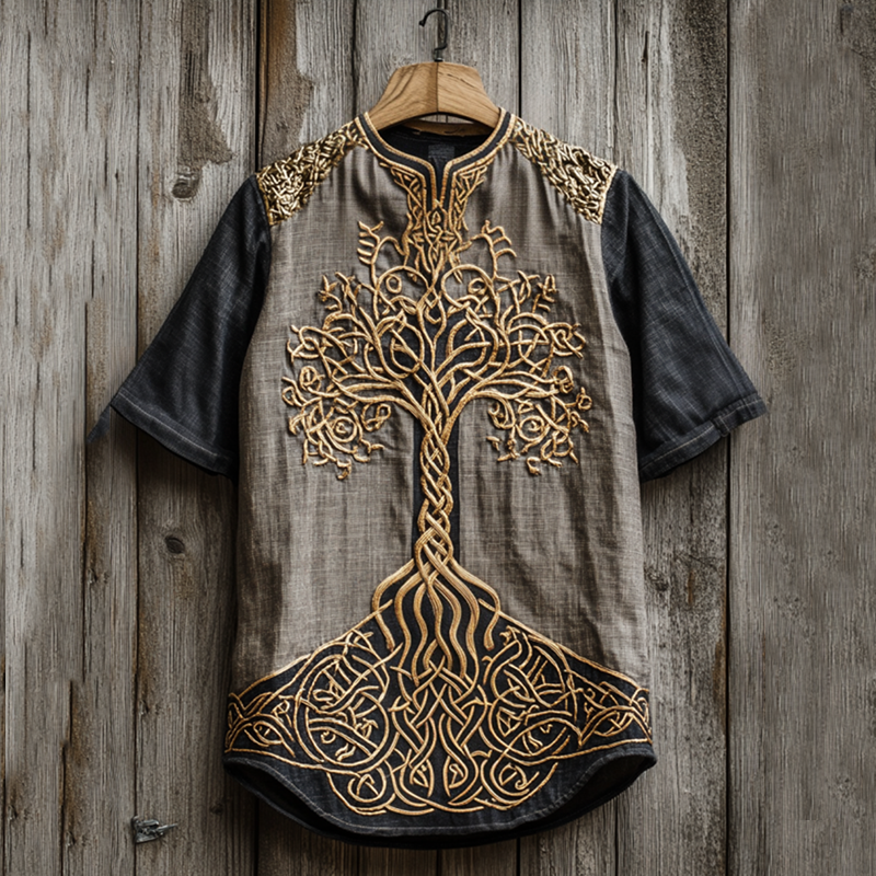 Men's Viking Tribal Tree Of Life With Celtic Knotwork Embroidered Art Linen Round Neck T-shirt elevenforest