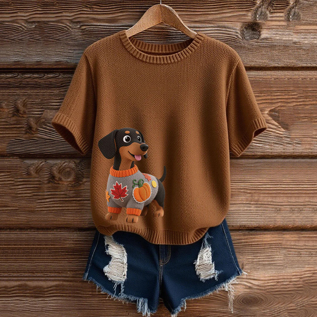Vintage Dachshund With Felt In Autumn Inspired Embroidered Short Sleeve Cozy Knit Sweater elevenforest