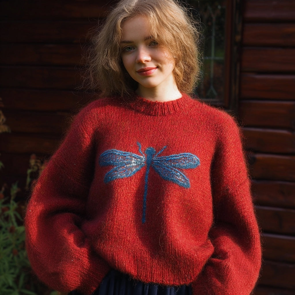 Comstylish Vintage Dragonfly Embroidered Cozy Knit Sweater