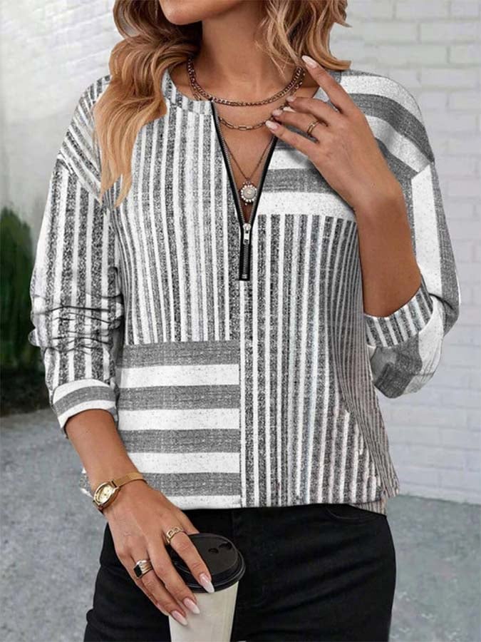 Women'S Casual Stripe Print Zipper Neck Specialty Top