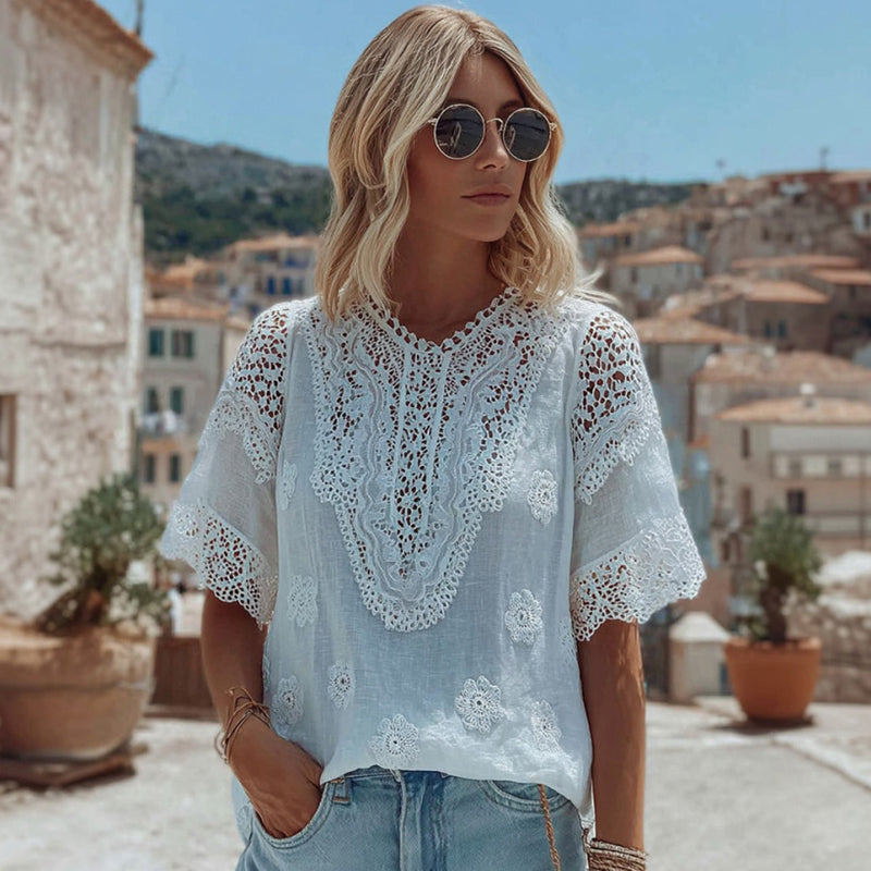 Women's Lace Embroidered Floral Linen Crew Neck T-shirt elevenforest