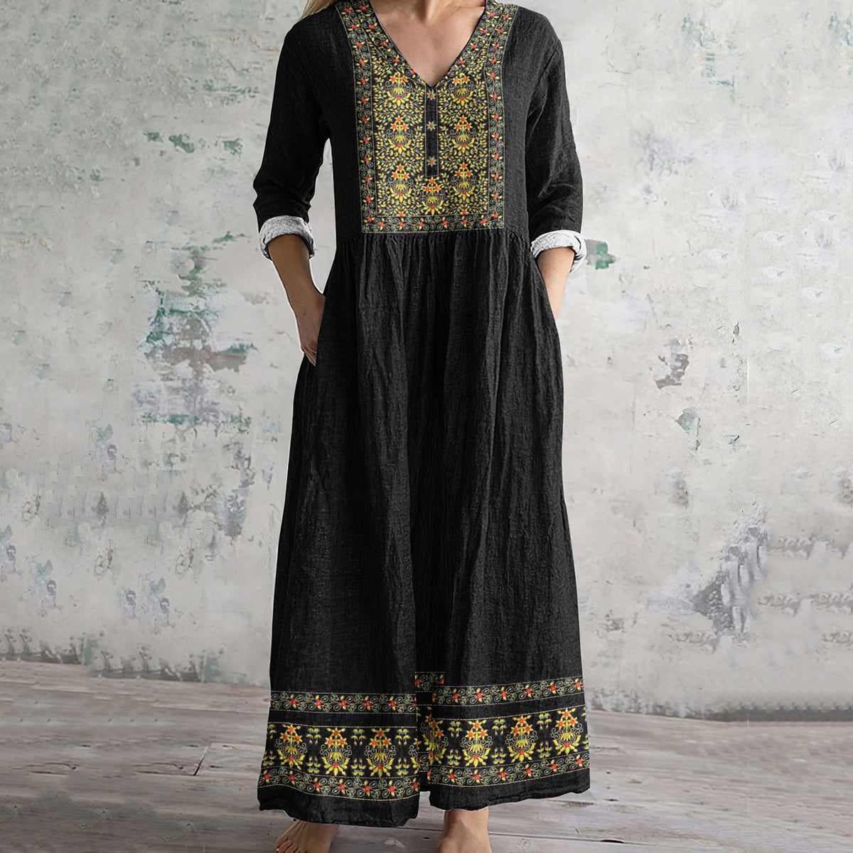 Women's Vintage Tribal Embroidered Casual Linen Dress elevenforest