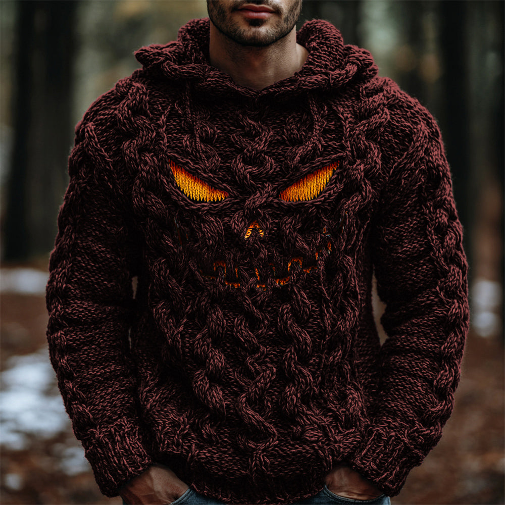 Halloween Evil Pumpkin Emoji Men's Chunky Knit Hooded Sweater elevenforest