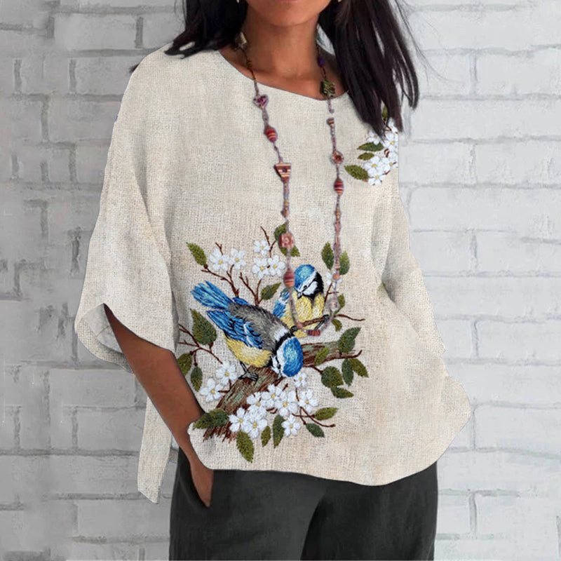 Women's Apricot Blossom And Kingfisher Embroidery Art Loose Crew Neck Tops elevenforest