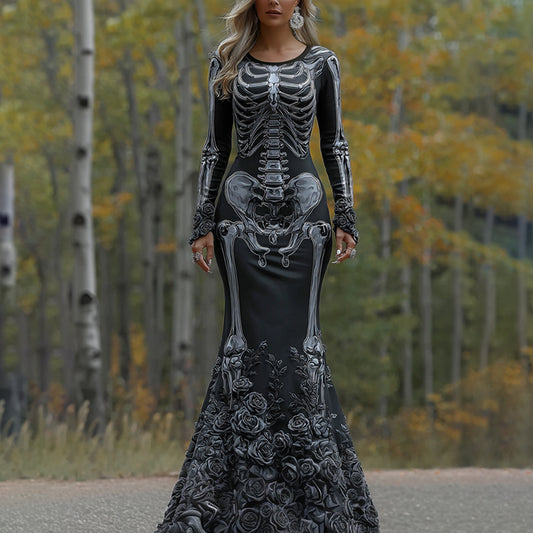Women's Vintage Halloween Skeleton Bones With Rose Art Cozy Long Sleeve Maxi Dress elevenforest