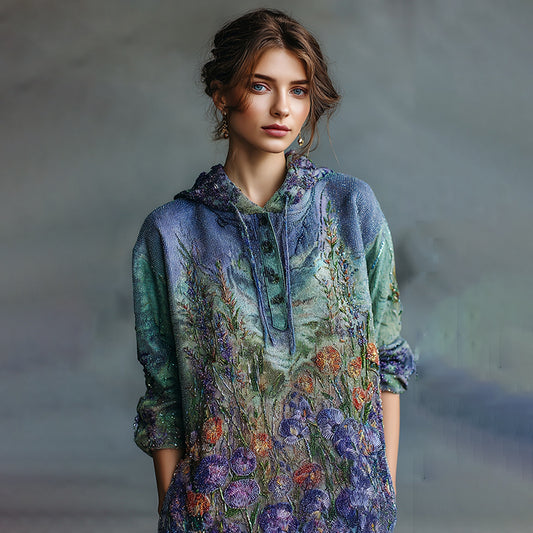 Women's Oil Painting Floral Contrast Color Sequined Button Hoodie