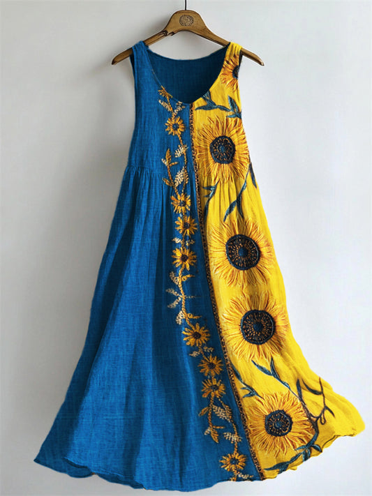 Vintage Boho Sunflowers Embroidered Contrast Patchwork Linen Dress elevenforest