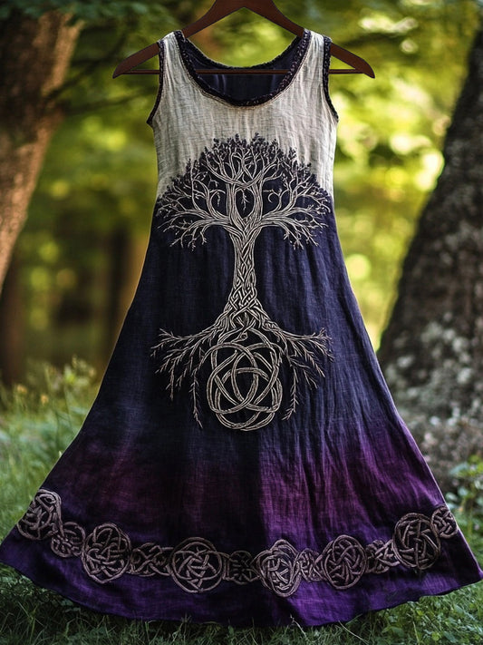 Vintage Tree Of Life Embroidered Gradient Linen Maxi Dress elevenforest