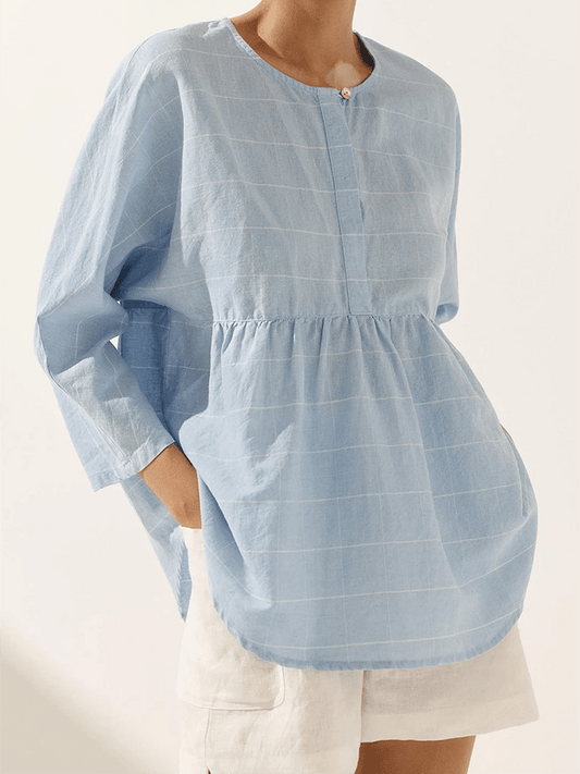 Ladies Plaid Casual Loose Long Sleeve Top