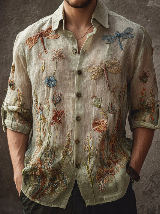 Men's Dragonflies Floral Beaded Embroidered Gradient Linen Shirt elevenforest