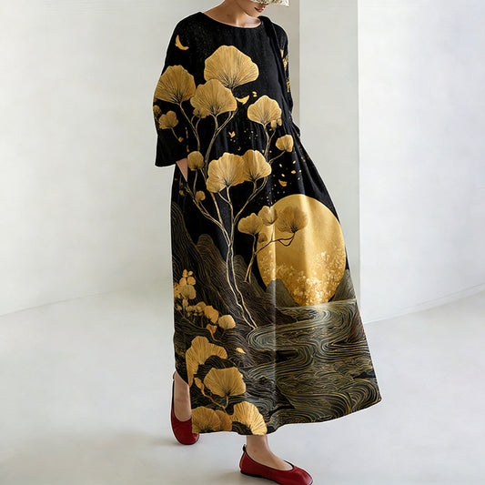 Women's Japanese Landscape And Plant Pattern Linen Dress elevenforest