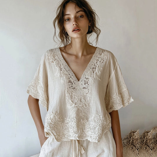 Vintage Floral Lace Embroidered Comfy V Neck Shirt elevenforest