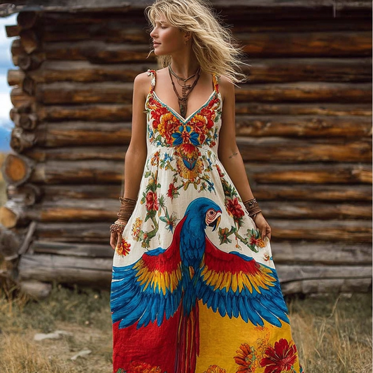 Bohemian Style Flower And Bird Pattern Retro Print Women's Dress elevenforest