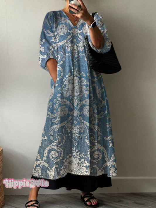 Women's Vintage Lovely Floral Art Print Pocket V-neck Cotton Dress
