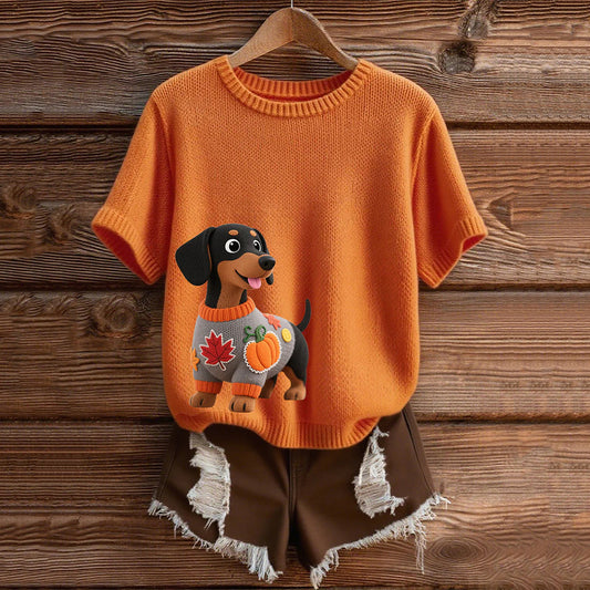 Comstylish Vintage Dachshund With Felt In Autumn Inspired Embroidered Short Sleeve Cozy Knit Sweater