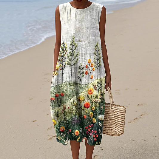 Vintage Loose  Hometown Rural Farm Floral Art Sleeveless Cotton And Linen Tank Dress elevenforest