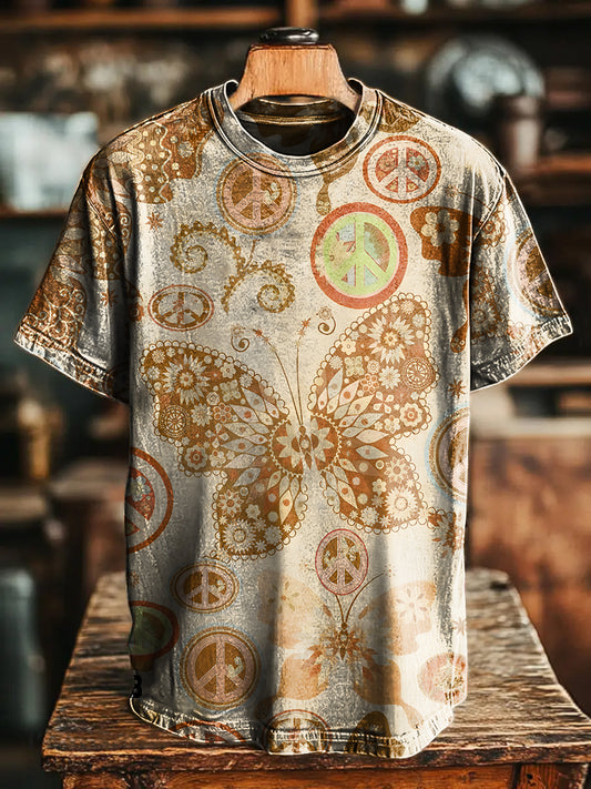 Retro Weathered look Butterfly Hippie Vintage Art Print Casual T-shirt