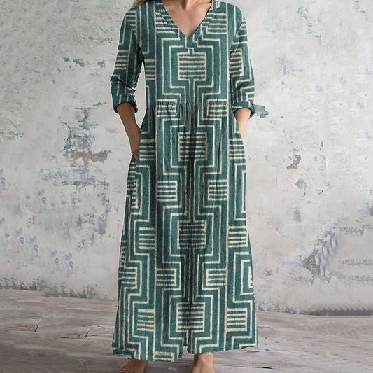 Vintage Geometric Print V-neck Linen Blend Midi Dress elevenforest