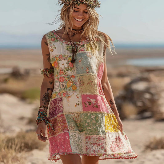 Women's Vintage Bohemian Floral Panel Sleeveless Dress elevenforest