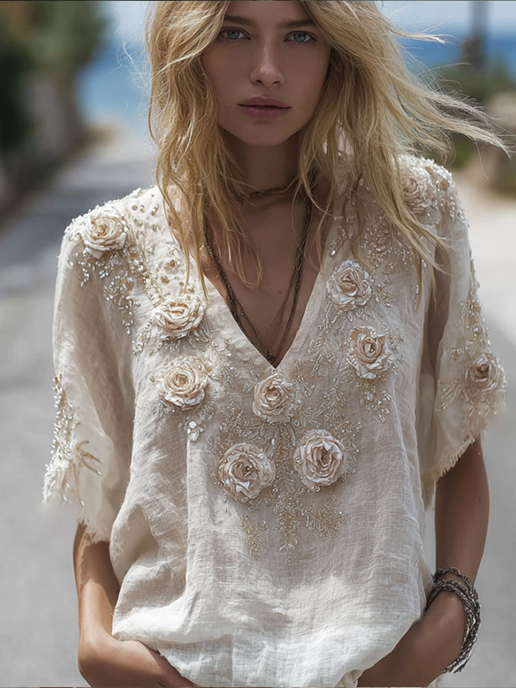 Bohemian-style White Rose Short-sleeved Shirt elevenforest
