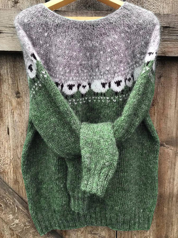 Cotton Sweater with Grazing Sheep Pattern