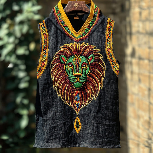Men's African Tribal Rasta Lion Folk Embroidered Hooded Linen Vest elevenforest