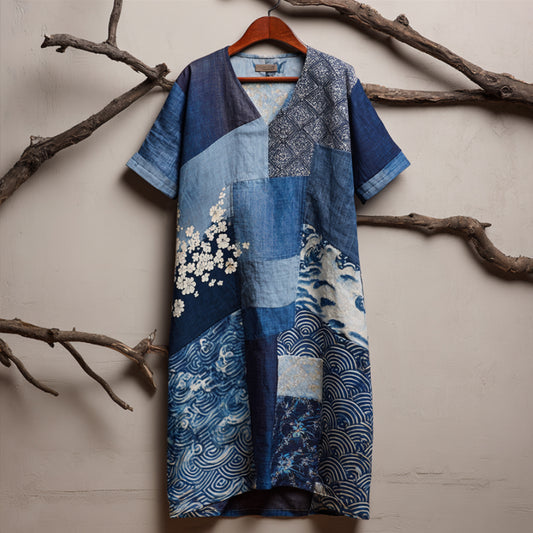 Japanese Style Plant Printed Splicing Retro V-neck Dress elevenforest