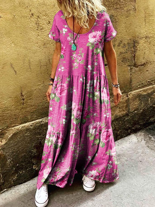 Women's Floral Art Print Pocket Short Sleeve Cotton Dresses
