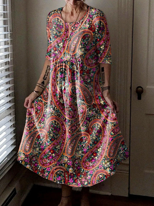 Women's Hippie Art Floral Print Crew Neck Dress