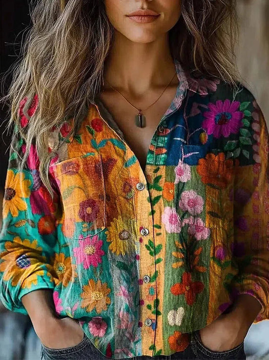 Vintage Floral Print Women's Linen Blouse elevenforest