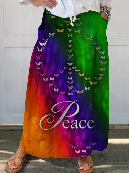 Women's Tie Dye Peace Loving Hippie Pattern Art Printed Linen Pocket S