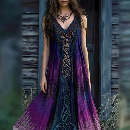 Vintage Viking Celtic Knot Gradient V-neck Midi Dress elevenforest