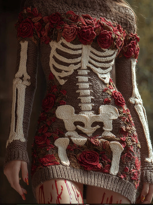 Comstylish Women's Halloween Skeleton And Rose Round Neck Sweater