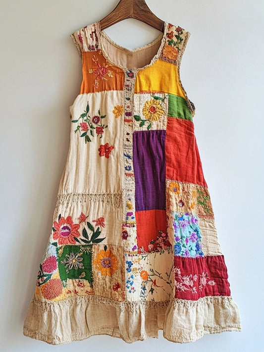 Boho Floral Patchwork Art Linen Blend Dress elevenforest