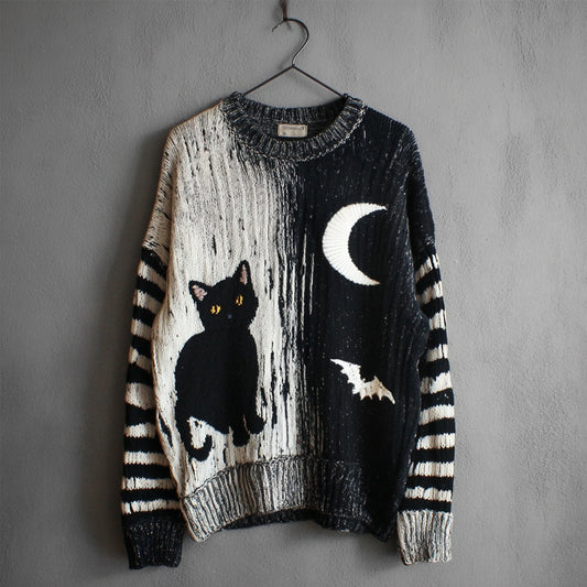 Halloween Black Cat & Bat Contrast Striped Sleeve Knitted Sweater
