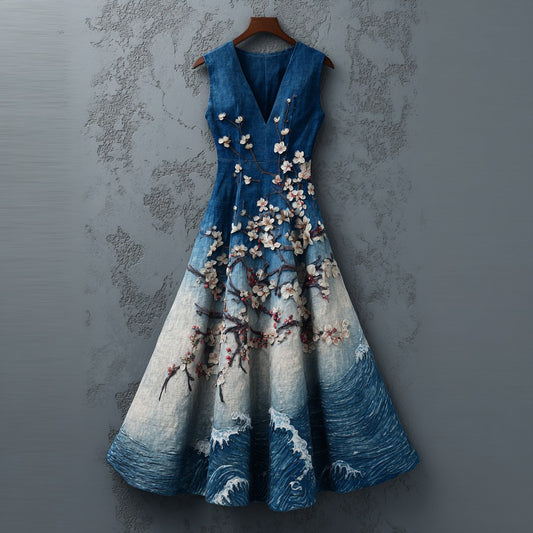 Women's Cherry Blossoms Embroidery And  Waves Gradient Art Linen Maxi Dress elevenforest