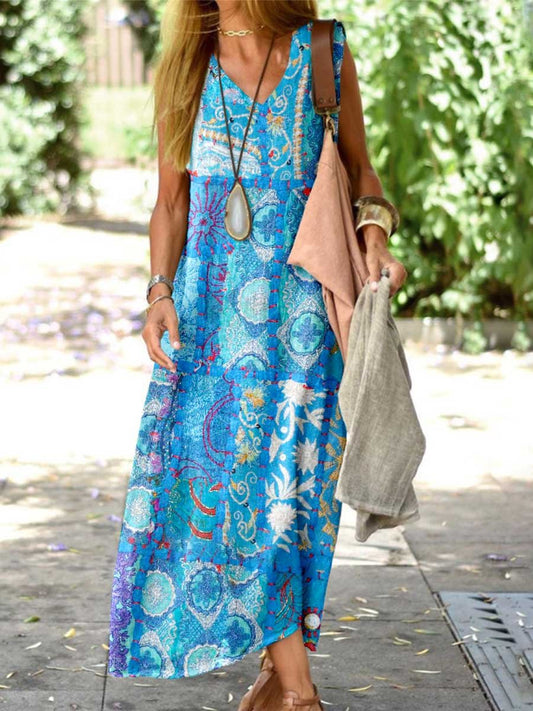 Women's Kantha Floral Pattern Loose Cotton and Linen Tank Top Dress