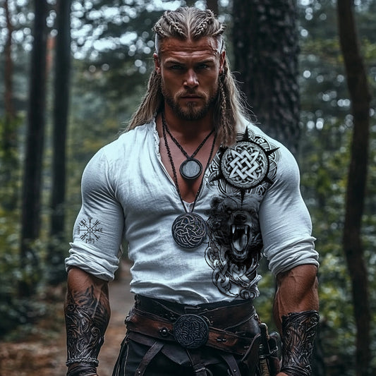 Men's Vintage Viking Lion Rune Print Linen V-neck Shirt elevenforest