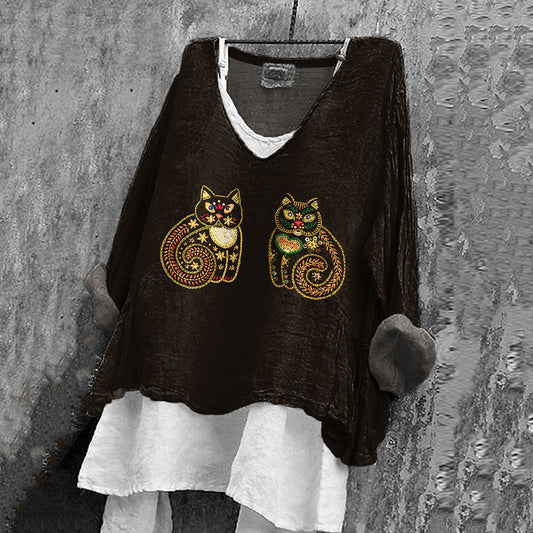 Women's Vintage Cute Cat Embroidery Pattern Casual Shirt elevenforest