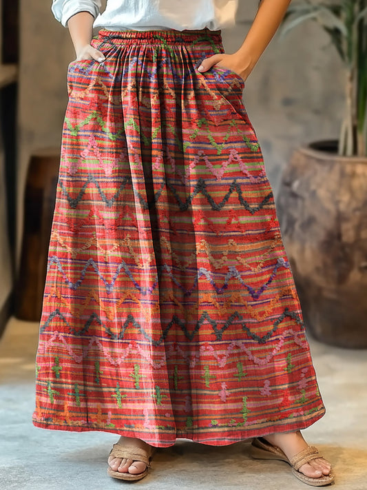 Women's Colorful Ethnic Line Art Pattern Print Cotton Pocket Skirt