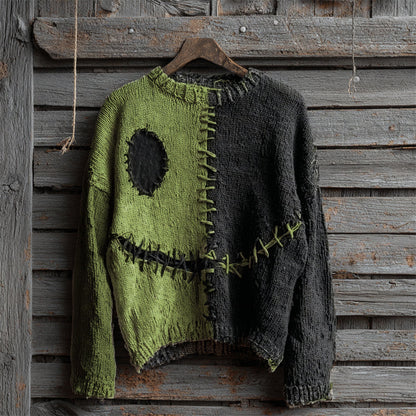Halloween Spooky Face Contrast Stitched Cozy Knit Sweater elevenforest