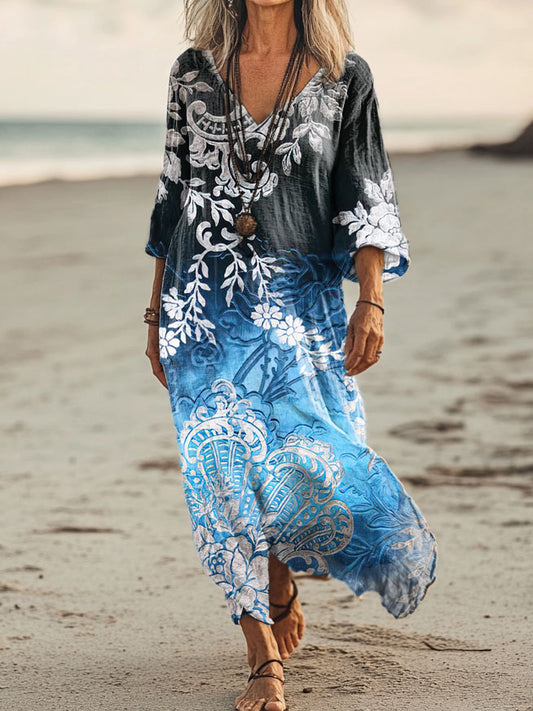 Women's Floral Embellished Pattern Art Print Pocket Cotton Dress