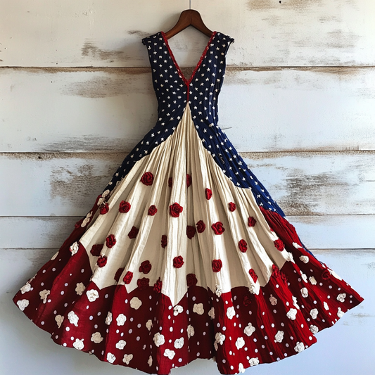 Women's Vintage Independence Day Flowers Art Linen Midi Dress elevenforest