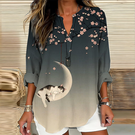 Comstylish Japanese Moon Kitty V-neck Cotton And Linen Top