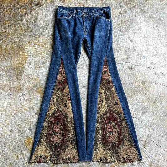 Retro Bohemian Ethnic  Pattern Patchwork Flared Jeans elevenforest