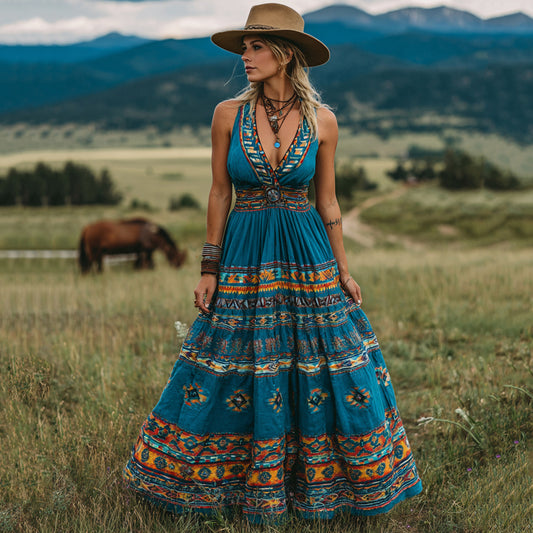 Women's Western Geometric Print V-neck Maxi Dress elevenforest